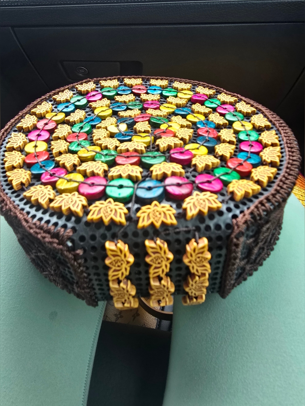 Handmade Brown Bag Coconut Shell Vintage BOHO Multi-Color Crossbody Round Sling
